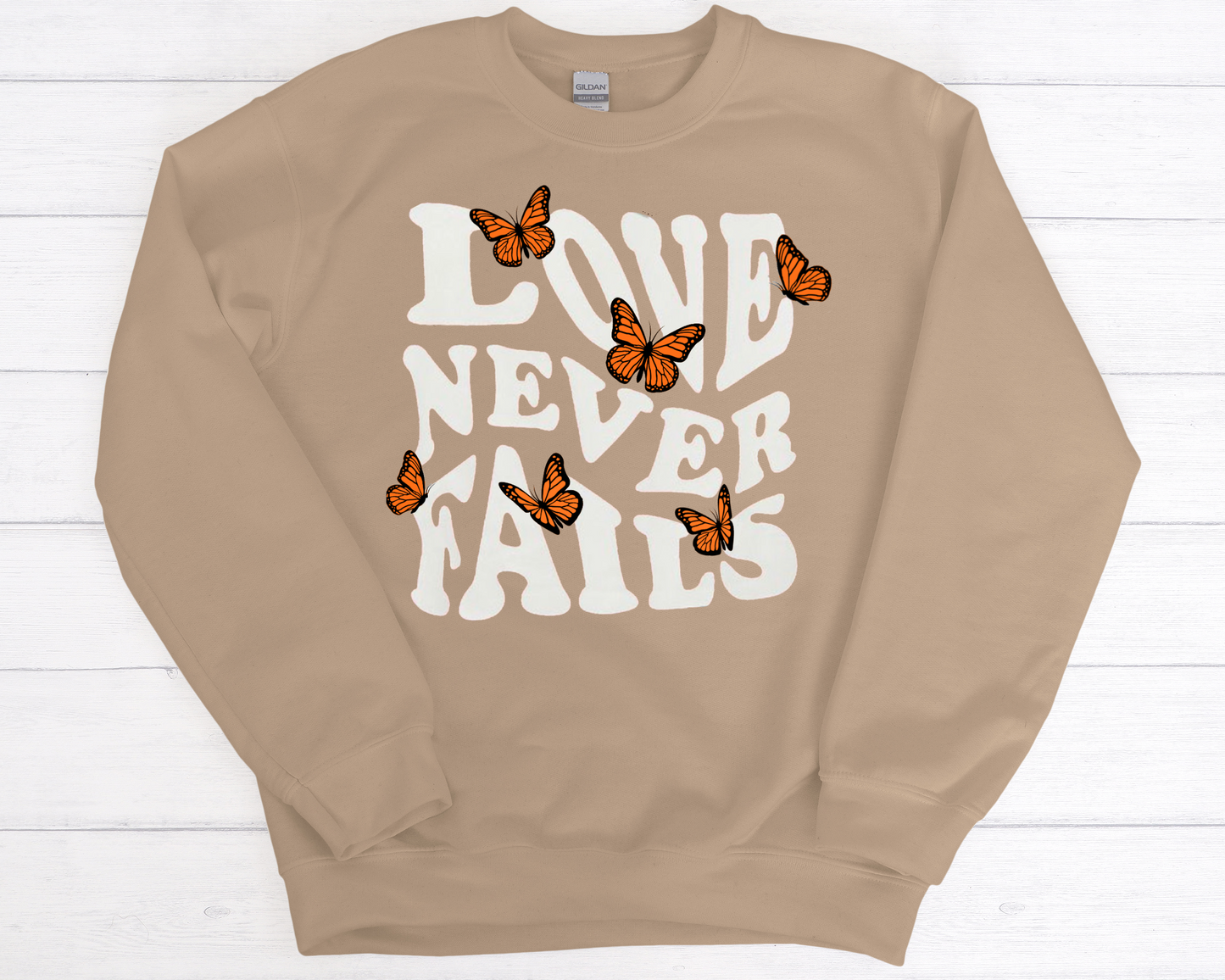 Love Never Fails Orange Butterly Sweatshirt Crewneck - Vinyl
